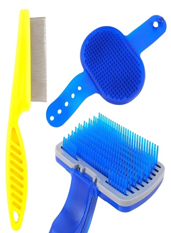 مجموعة فرشاة احترافية للعناية بالحيوانات الأليفة، أزرق وأصفر، مشط بلاستيكي لإزالة شعر الكلاب بشعيرات معدنية، تصميم مزدوج الجوانب للعناية بالحيوانات الأليفة (عبوة من 3 قطع) - Image 1